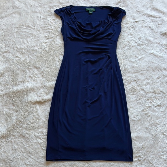 Ralph Lauren Navy Blue Draped Sheath Dress Cap Sleeve Ruched Midi Classic Size 2 - Picture 1 of 9